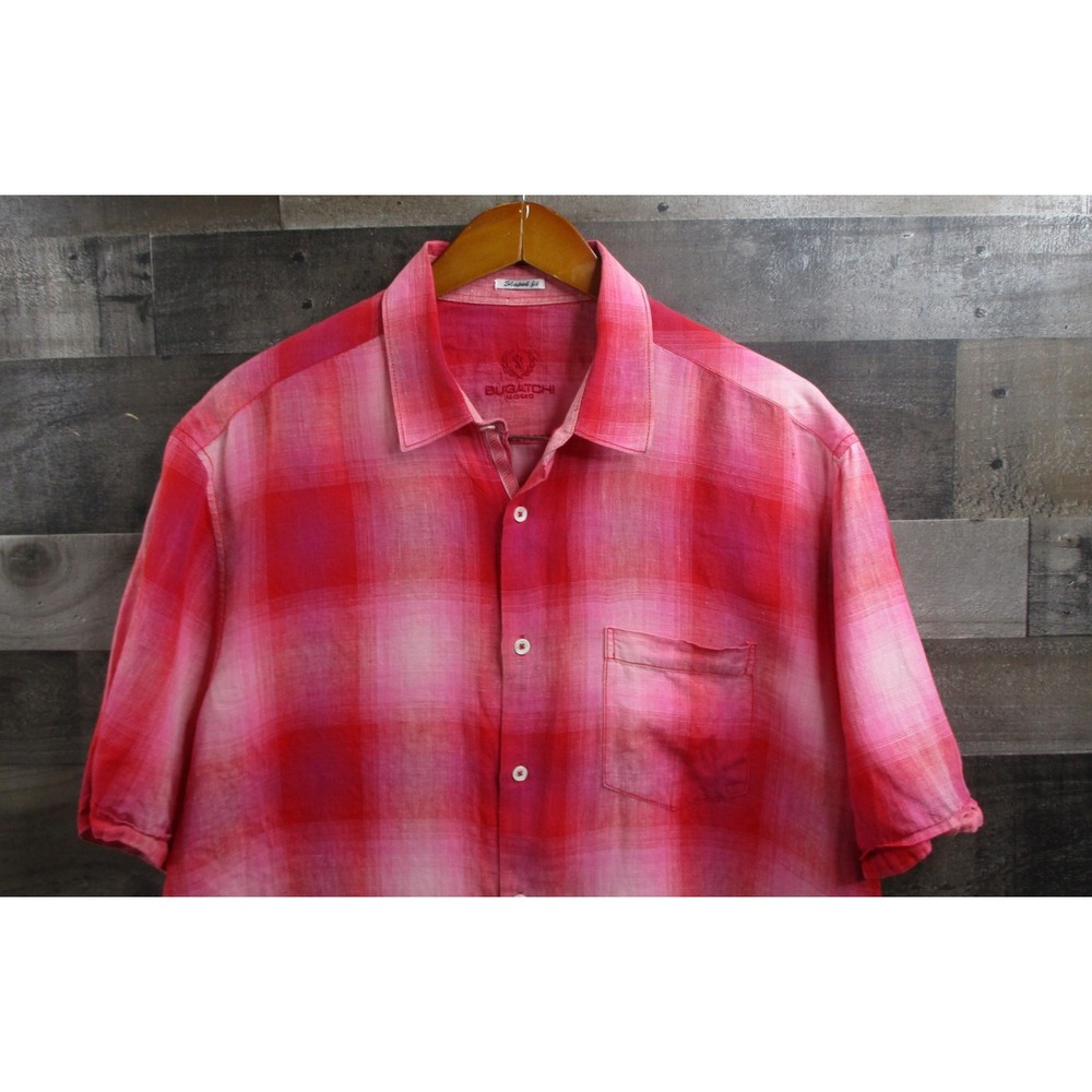 Bugatchi Uomo Shirt Mens XL Red Pink Plaid Linen Short Sleeve Button Shaped Fit